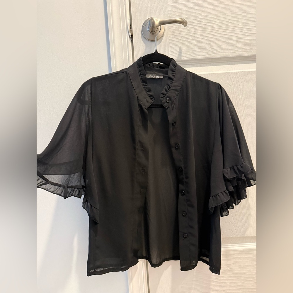 Boohoo Dressy Sheer Black Ruffle Blouse - Never Worn